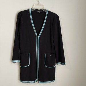 Misook Black Blue Trim 3/4 Sleeve Wrinkle Resistant Long Jacket